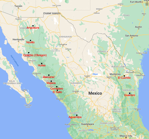 Map showing all Mexico bass fishing lakes